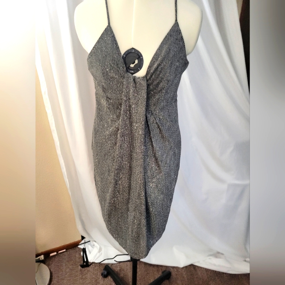 LoveRiche Metallic draped mini dress silver black size L NWT